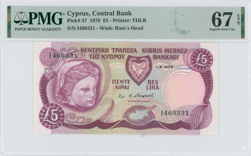 CYPRUS: 5 Pounds (1.6.1979) in violet on multicolor unpt. Limestone head from He...