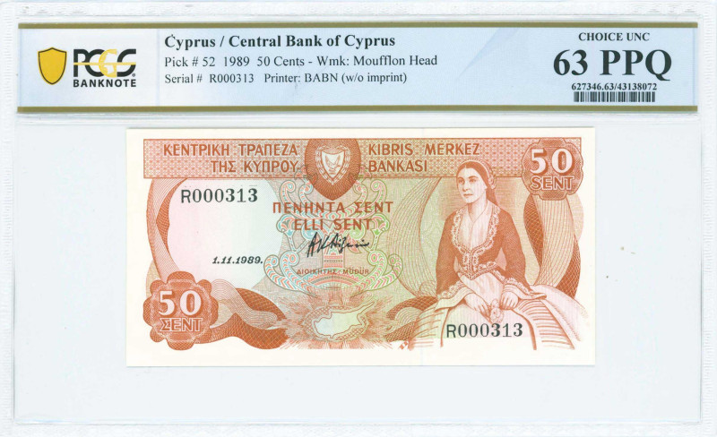 CYPRUS: 50 Cents (1.11.1989) in multicolor. Woman seated at right on face. Low S...