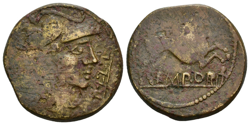 HISPANIA ANTIGUA. EMPORIAE. As. A/ Cabeza de Minerva a der.; delante P.L.L.L. R/...