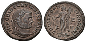 IMPERIO ROMANO. DIOCLECIANO. Follis. Antioquía (300-301). A/ Cabeza laureada a der.; IMP DIOCLETIANVS P F AVG. R/ Genio a izq. con pátera y cornucopia...