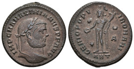 IMPERIO ROMANO. MAXIMIANO. Follis. Antioquía (298). A/ Cabeza laureada a der.; IMP C M A MAXIMIANVS P F AVG. R/ Genio a izq. con pátera y cornucopia; ...