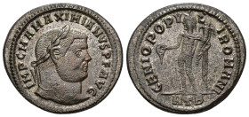 IMPERIO ROMANO. MAXIMIANO. Follis. Heraclea (296-297). A/ Cabeza laureada a der.; IMP C MA MAXIMIANVS P F AVG. R/ Genio a izq. con pátera y cornucopia...