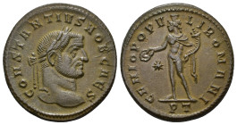 IMPERIO ROMANO. CONSTANCIO I. Follis. Ticinum (296-297). A/ Cabeza laureada a der.; CONSTANTIVS NOB CAES. R/ Genio a izq. con pátera y cornucopia; */-...