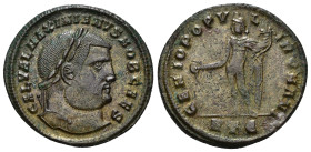 IMPERIO ROMANO. GALERIO. Follis. Heraclea (296-297). A/ Cabeza laureada a der.; GAL VAL MAXIMIANVS NOB CAES. R/ Genio a izq. con pátera y cornucopia; ...