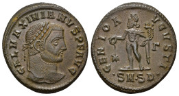 IMPERIO ROMANO. GALERIO. Follis. Serdica (307-308). A/ Cabeza laureada a der.; GAL MAXIMIANVS P F AVG. R/ Genio con pátera y cornucopia a izq.; GENIO ...