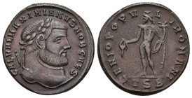 IMPERIO ROMANO. GALERIO. Follis. Tesalónica (298-299). A/ Cabeza laureada a der.; GAL VAL MAXIMIANVS NOB CAES. R/ Genio a izq. con pátera y cornucopia...