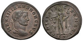 IMPERIO ROMANO. GALERIO. Follis. Ticinum (296-297). A/ Cabeza laureada a der.; MAXIMIANVS NOB CAES. R/ Genio a izq. con pátera y cornucopia; GENIO POP...