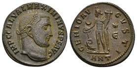 IMPERIO ROMANO. MAXIMINO II. Follis. Antioquía (311). A/ Cabeza laureada a der.; IMP C GAL VAL MAXIMINVS P F AVG. R/ Genio a izq. con pátera y cornuco...