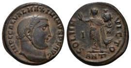 IMPERIO ROMANO. MAXIMINO II. Follis. Antioquía (312). A/ Cabeza laureada a der.; IMP C GAL VAL MAXIMINVS P F AVG. R/ Sol a izq. con cabeza de Serapis ...
