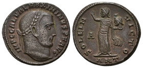 IMPERIO ROMANO. MAXIMINO II. Follis. Antioquía (312). A/ Cabeza laureada a der.; IMP C GAL VAL MAXIMINVS P F AVG. R/ Sol a izq. con cabeza de Serapis ...