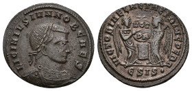 IMPERIO ROMANO. LICINIO II. Follis. Siscia (319). A/ Busto laureado, drapeado y acorazado a der.; LICINIVS IVN NOB CAES. R/ Dos victorias sosteniendo ...