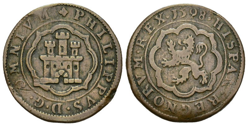 FELIPE II. 4 maravedís. 1598. Segovia. Cu 6,31 g. 27,3 mm. AC-91. Golpe en anv. ...