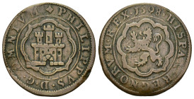 FELIPE II. 4 maravedís. 1598. Segovia. Cu 6,31 g. 27,3 mm. AC-91. Golpe en anv. MBC.