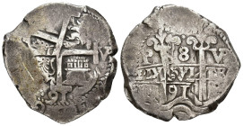 CARLOS II. 8 reales 1691. Potosí VR. AR 26,76 g. 35,4 mm. AC-734. Doble acuñación en anv. MBC-.