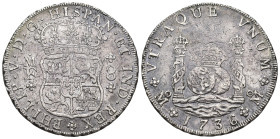 FELIPE V. 8 reales. 1736. México. MF. AR 26,58 g. 40,6 mm. VI-1144. Oxidaciones marinas y rayitas. MBC.