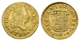 FERNANDO VI. 1/2 escudo. 1759. Madrid. J. AU 1,74 g. 15,3 mm. VI-419. Golpe en anv. y otro en rev. MBC/MBC+.