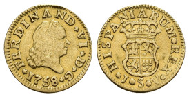 FERNANDO VI. 1/2 escudo. 1758. Sevilla. JV. AU 1,72 g. 14,8 mm. VI-434. Soldadura en canto. MBC-/MBC.