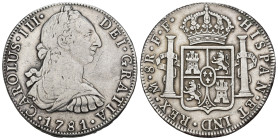 CARLOS III. 8 reales. 1781. México. FF. AR 26,73 g. 39,04 mm. VI-944. Fina raya en anv. MBC-/MBC.