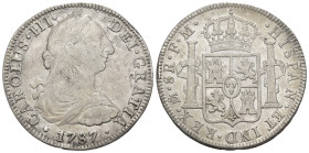 CARLOS III. 8 reales. 1787. México. FM. AR 26,56 g. 38,76 mm. VI-952. Ligera plata agria y pequeñas marcas. MBC-/MBC.