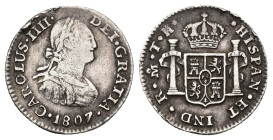 CARLOS IV. 1/2 real. 1807. México. TH. AR 1,69 g. 16,59 mm. VI-250. Golpes en canto. MBC-/MBC.