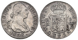 CARLOS IV. 2 reales. 1808. Madrid. JG. AR 5,05 g. 25,99 mm. VI-516. Oxidaciones limpiadas. MBC-/MBC.