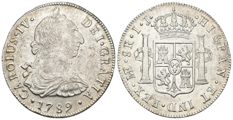 CARLOS IV. 8 reales. 1789. Lima. IJ. AR 26,75 g. 40,72 mm. VI-750. Rayas y hojit...