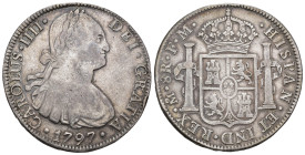 CARLOS IV. 8 reales. 1797. México. FM. AR 26,91 g. 39,35 mm. VI-793. Golpecito en gráfila. MBC-/MBC.