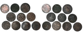 FERNANDO VII. Lote de 10 piezas de 8 maravedís: Fernando VII -6: Jubia (5) y Segovia (1), e Isabel II -4: Segovia-. De BC-a MBC-.