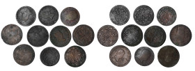 FERNANDO VII. Lote de 10 piezas de 8 maravedís: Carlos IV (3), Fernando VII (5) e Isabel II (2). Cecas: Segovia y Jubia. RC/MBC.