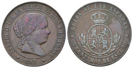 ISABEL II. 5 céntimos de escudo. 1867. Barcelona. Cu 12,04 g. 32,13 mm. VI-198. Rayitas. MBC+/MBC.