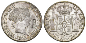 ISABEL II. Escudo. 1868. Madrid. Resello FALSA en un rectángulo. Latón plateado 11,55 g. 29,78 mm. EBC.