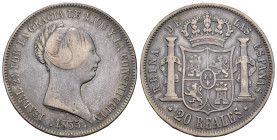 ISABEL II. 20 reales. 1855. Madrid. AR 25,57 g. 37,15 mm. VI-511. MBC-/MBC.