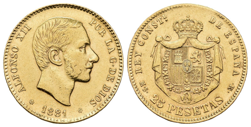 ALFONSO XII. 25 pesetas. 1881. Madrid. MSM. AU 8,04 g. 23,98 mm. VII-10. Estuvo ...