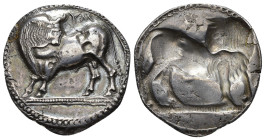 GRECIA ANTIGUA. LUCANIA. Síbaris. Estátera (550-510 a.C.). A/ Toro a izq. con cabeza vuelta; encima VM. R/ Toro incuso a der. con cabeza vuelta a izq....