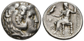 GRECIA ANTIGUA. MACEDONIA. Alejandro III. Tetradracma. Seleucia del Tigris (c. 305-295 a.C.). R/ Delante del trono casco ático a izq. y monograma, deb...
