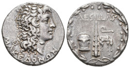 GRECIA ANTIGUA. MACEONIA. Aesillas (93-92 a.C.). Tetradracma. A/ Cabeza de Alejandro con cuernos de Amón a der.; MAKEDONWN. R/ Clava entre cofre y sil...