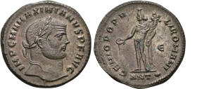 IMPERIO ROMANO. MAXIMIANO. Follis. Antioquía (302-303). A/ Cabeza laureada a der.; IMP C M A MAXIMIANVS P F AVG. R/ Genio a izq. con pátera y cornucop...