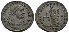 IMPERIO ROMANO. MAXIMIANO. Follis. Treveris (301). A/ Busto laureado y acorazado a der.; IMP MAXIMIANVS P F AVG. R/ Moneta a izq. con balanza y cornuc...