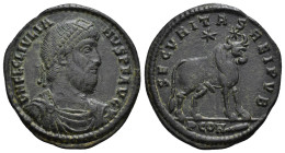 IMPERIO ROMANO. JULIANO. Follis. Arelate (360-363). A/ Busto diademado, drapeado y acorazado a der.; D N FL CL IVLIA-NVS P F AVG. R/ Toro a der., enci...