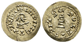 REINO VISIGODO. WITIZA. Tremissis. Toleto. A/ +INDNIEVVIZ. Busto a der. con brazo levantado. R/ + TOLETOPIVS. Cruz sobre tres gradas. AU 1,10 g. 20,9 ...