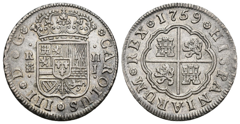 CARLOS III. 2 reales. 1759. Madrid. J. AR 6,02 g. 26,8 mm. VI-517. EBC-. Escasa.