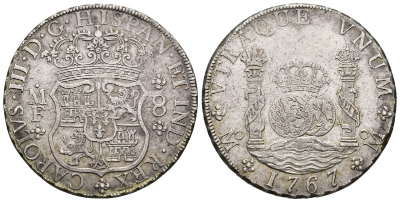 CARLOS III. 8 reales. 1767. México. MF. AR 26,99 g. 38 mm. VI-925. Rayita en anv...