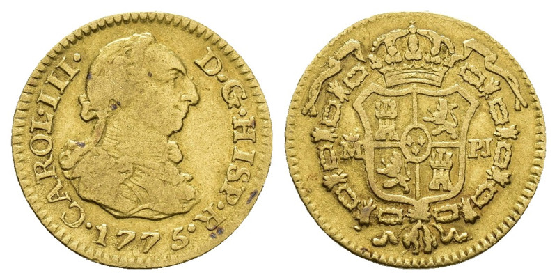 CARLOS III. 1/2 escudo. 1775. Madrid. PJ. AU 1,72 g. 14,9 mm. VI-1056. MBC-.