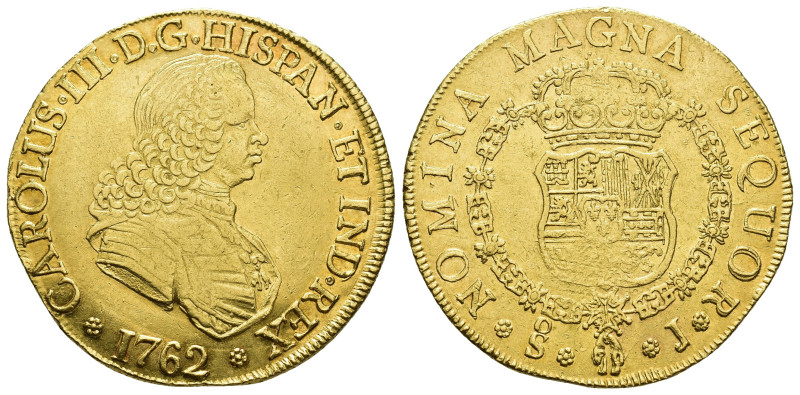 CARLOS III. 8 escudos. 1762. Santiago. J. AU 26,97 g. 36,4 mm. VI-1742. Vanos en...