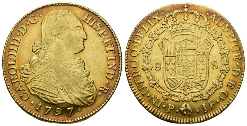 CARLOS IV. 8 escudos. 1797. Popayán. JF. AU 27,01 g. 37,1 mm. VI-1377. Pátina ro...