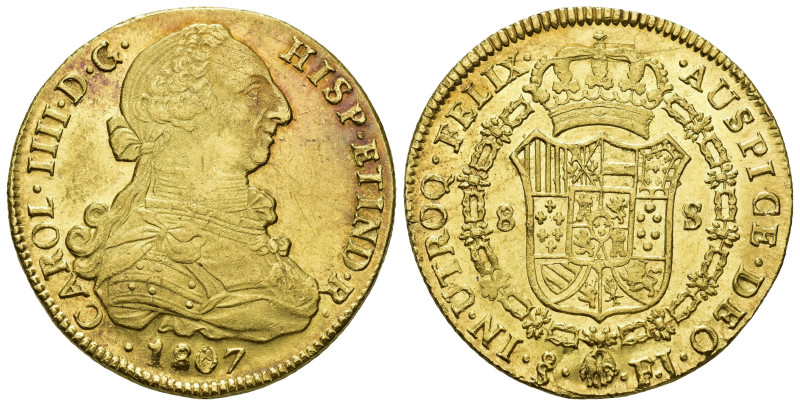 CARLOS IV. 8 escudos. 1807. Santiago. FJ. AU 27,15 g. 36,7 mm. VI-1435. Pequeñas...