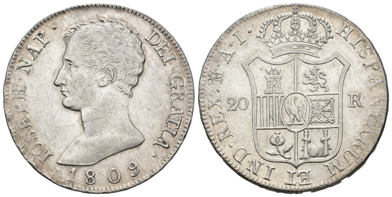 JOSÉ I BONAPARTE. 20 reales. 1809. Madrid. AI. AR 26,96 g. 39,6 mm. VI-30. MBC+....