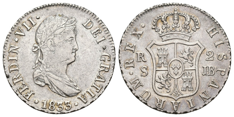 FERNANDO VII. 2 reales. 1833. Sevilla. JB. AR 5,71 g. 26,2 mm. VI-791. Pequeñas ...