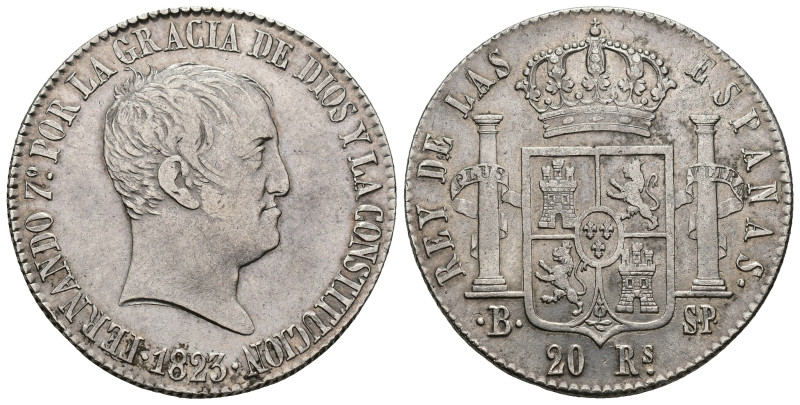 FERNANDO VII. 20 reales. 1823. Barcelona. SP. AR 26,29 g. 37,63 mm. VI-948. MBC+...