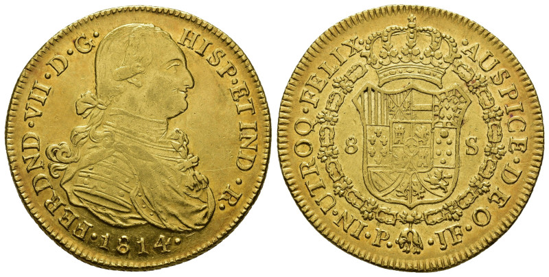 FERNANDO VII. 8 escudos. 1814. Popayán. JF. AU 26,95 g. 38,19 mm. VI-1516. R.B.O...